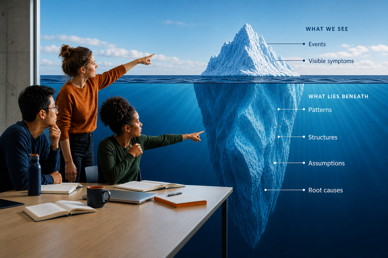 Three students examining an iceberg diagram showing visible events and symptoms above the water and patterns, structures, assumptions and root causes below the surface.