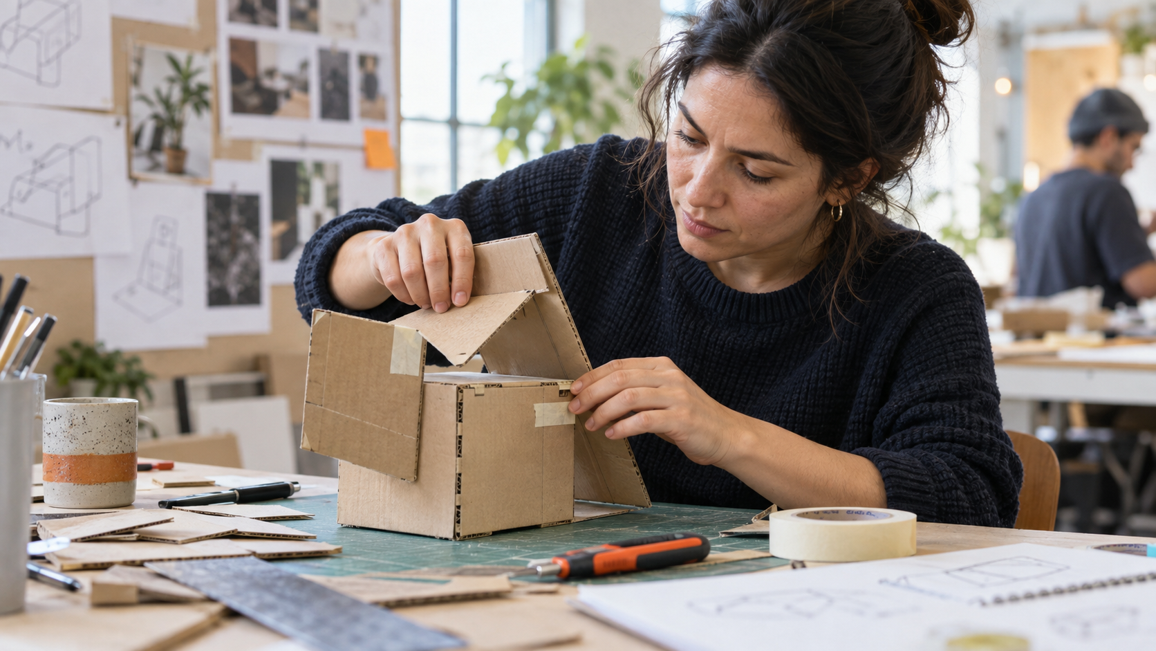 Participant building a cardboard prototype