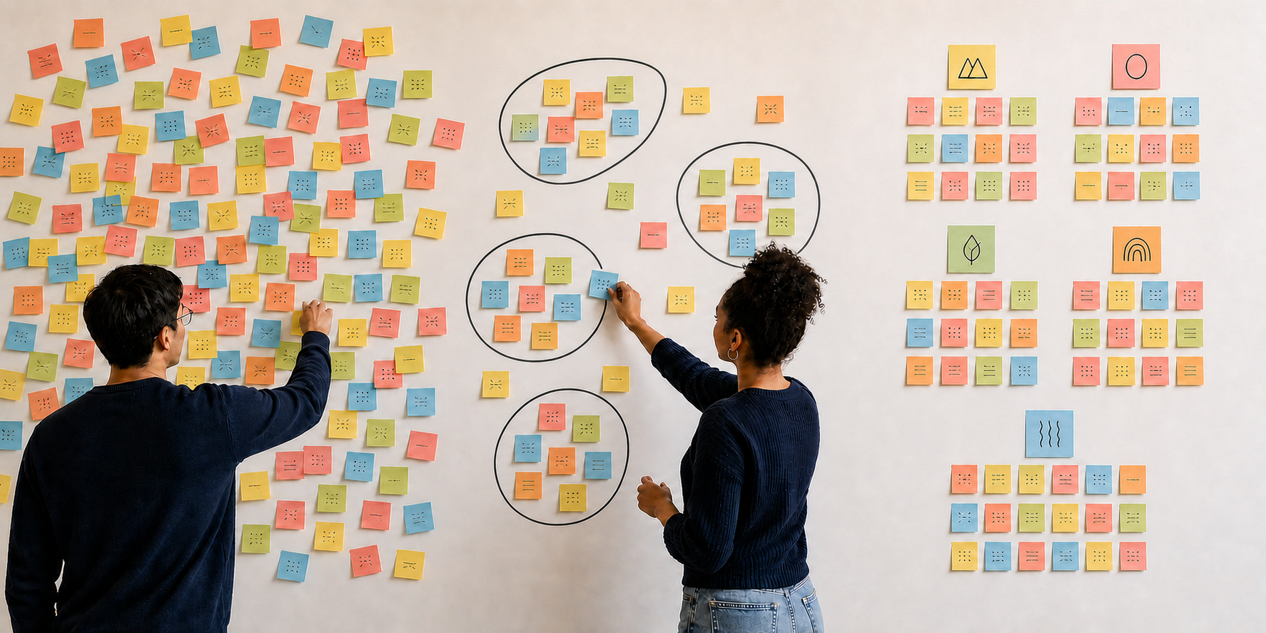 People organising research notes into affinity-map clusters